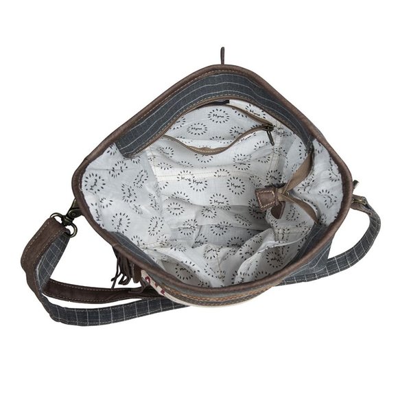 Myra Bag Handmade Mail Shoulder Bag Upcycled Canvas & Cowhide Leather - Picture 8 of 9